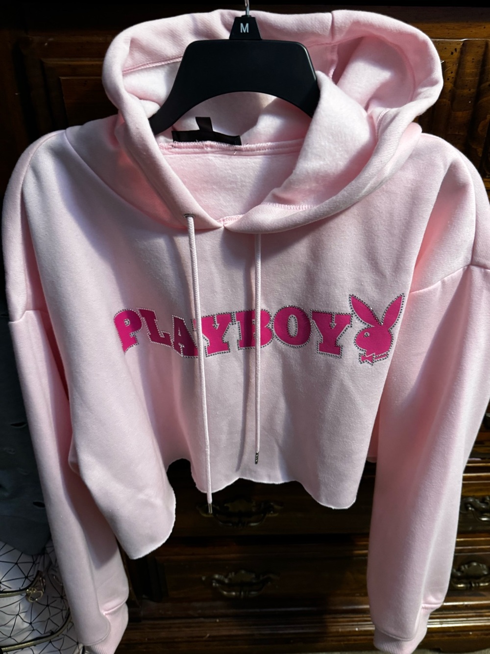 PLAYBOY Pink Cropped Hoodie with Magenta Emblem